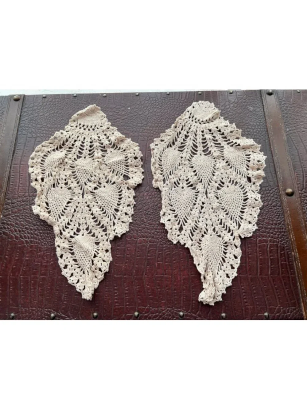 Two Vintage Off White Pineapple/Peacock Feather Fan Teardrop Shape Crochet Doily